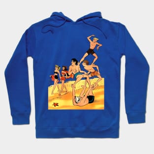 sporty boys playing on the beach by the sea see two beautiful pin up girls Hoodie